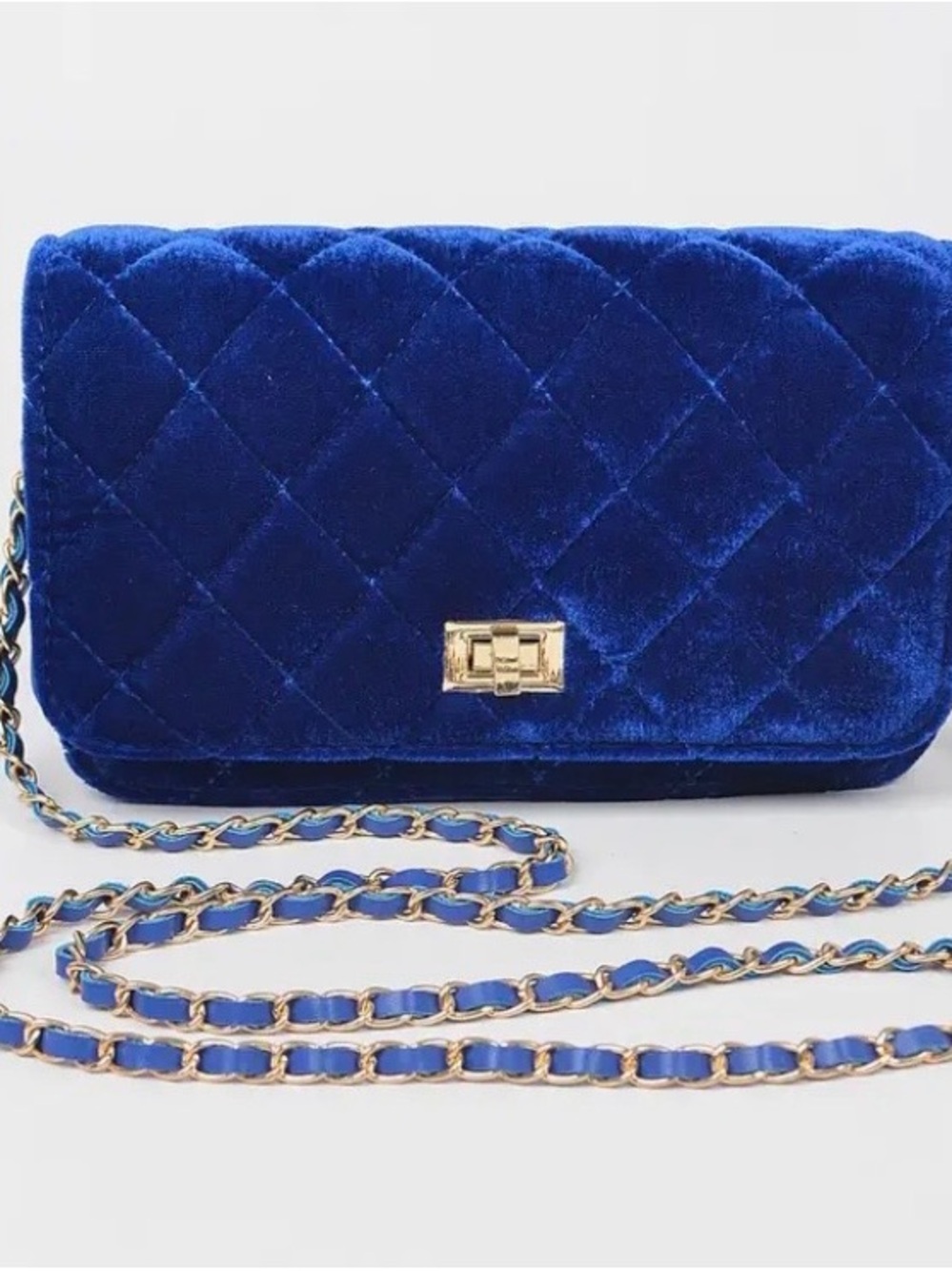Quilted Royal Blue Velvet Shoulder Bag with Gold Chain